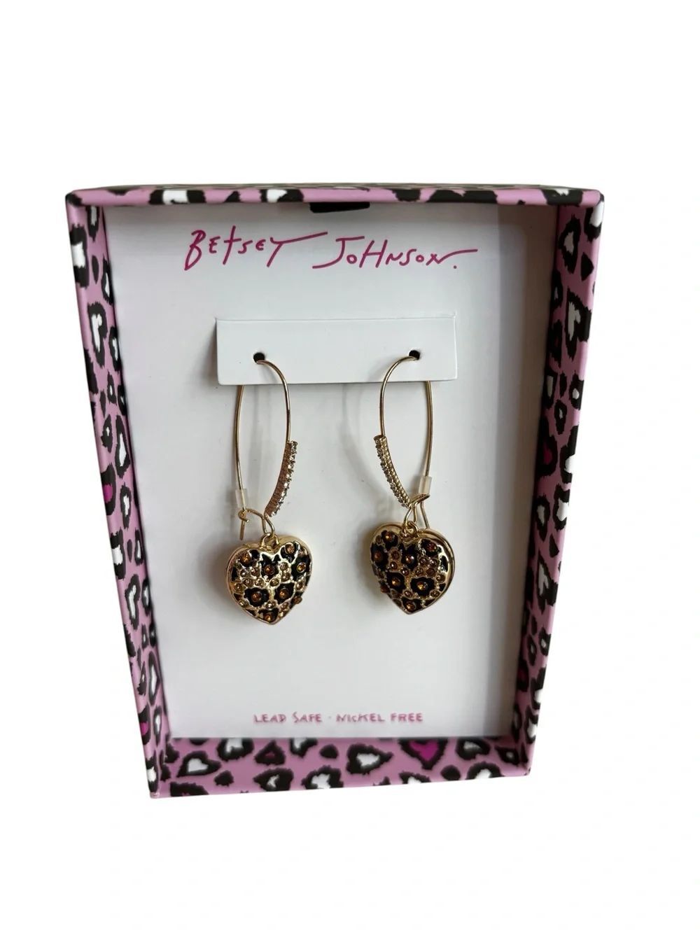 Betsey Johnson Gold Tone Leopard Print Heart Shaped Drop Dangle Earrings.